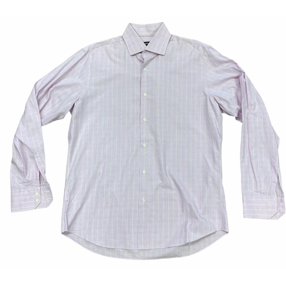 Hugo Boss mens Shirt sz 16 34/35 Regular Fit Pink Yellow Plaid Classic Workwear